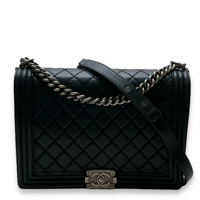 Boy Large Black Shoulder Bag in Calfskin, Ruthenium hardware