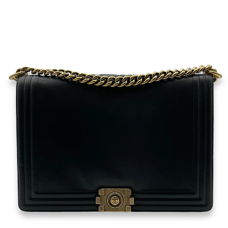 Boy Large Black Shoulder Bag in Calfskin, Gold hardware