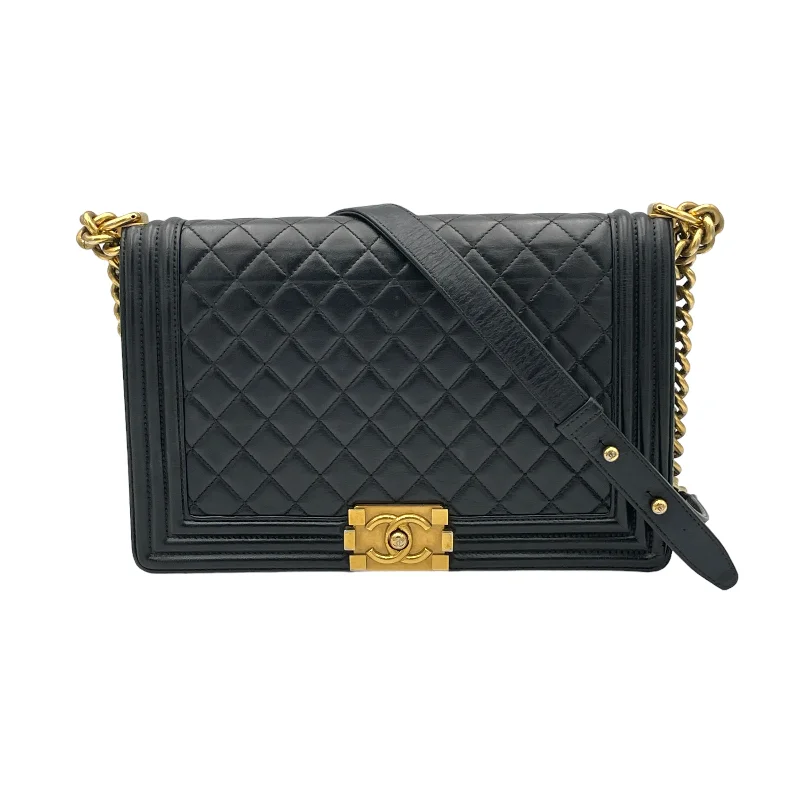 Boy Large Black Shoulder Bag in Lambskin, Gold hardware