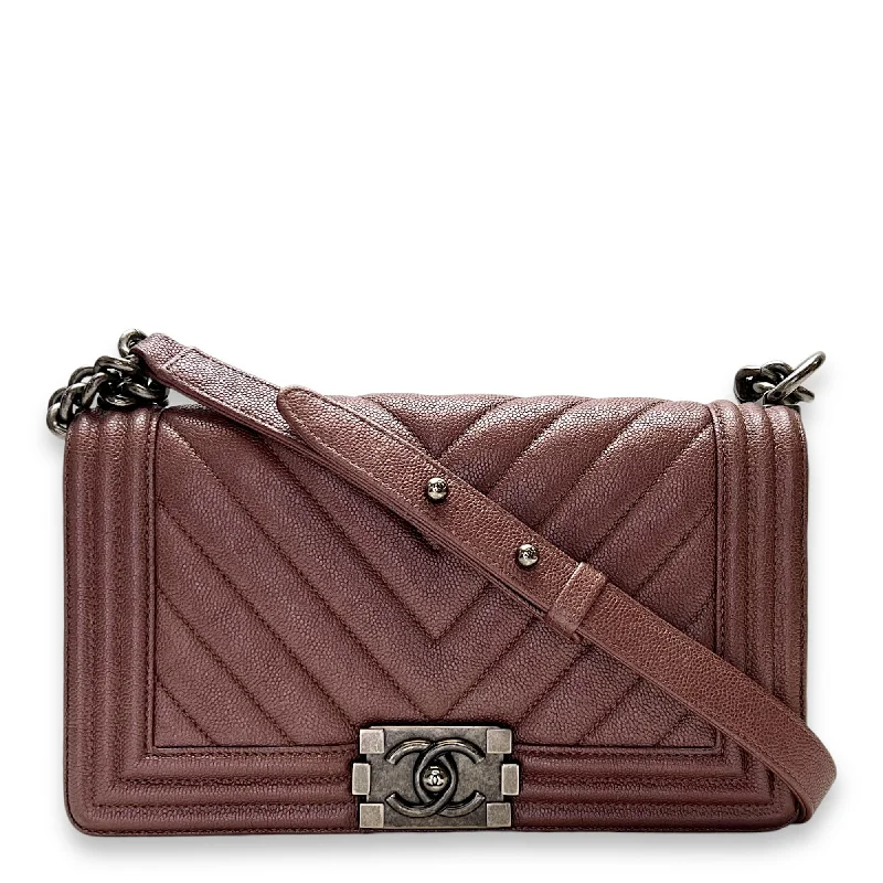 Boy Medium Purple Shoulder Bag in Caviar Leather, Ruthenium hardware