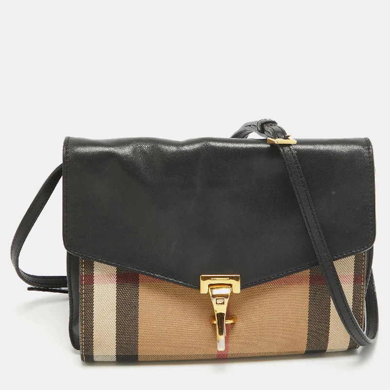 BURBERRY Black/Beige House Check Fabric and Leather Small Macken Crossbody Bag