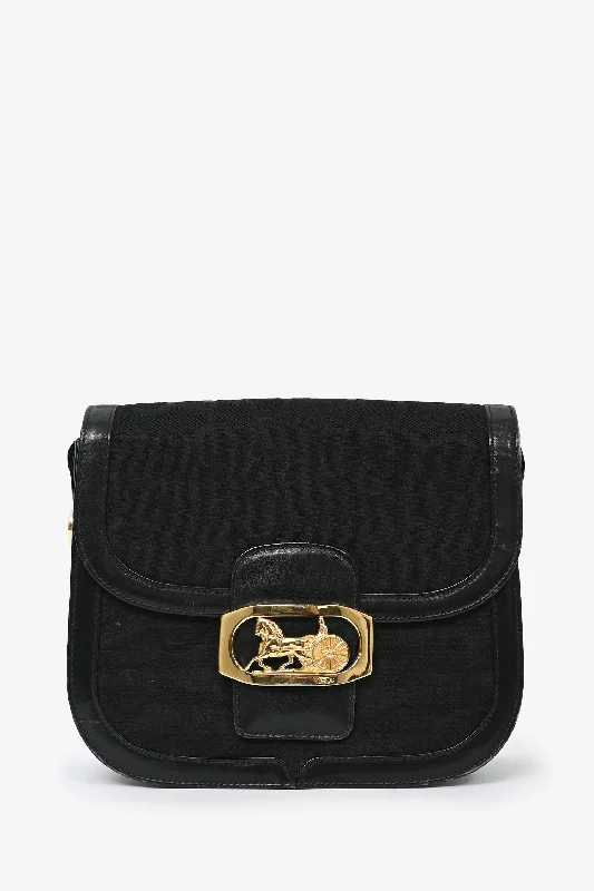 Celine Vintage Black Macadam Canvas Horse Carriage Shoulder Bag