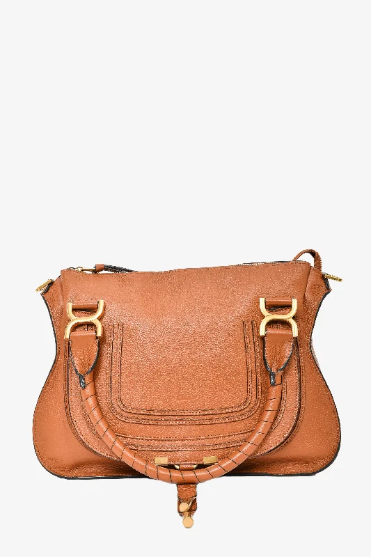 Chloe Brown Grained Leather Medium Marcie Shoulder Bag with Strap