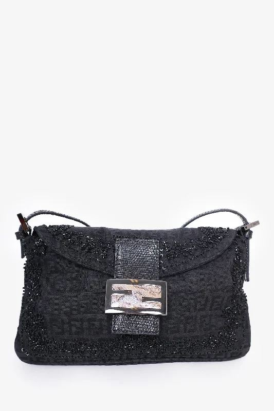 Fendi Black FF Zucca Beaded Lizard Trimmed Baguette