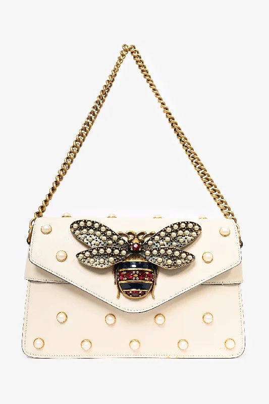 Gucci Beige Leather Pearl Embellished 'Mini Queen Margaret Broadway' Shoulder Bag