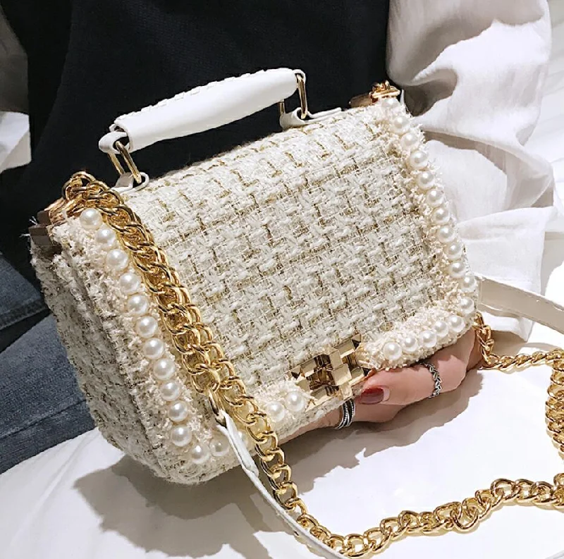 2020 Fashion New Female Square Tote bag Quality Woolen Pearl Women's Designer Handbag Ladies Chain Shoulder Crossbody Bag Travel