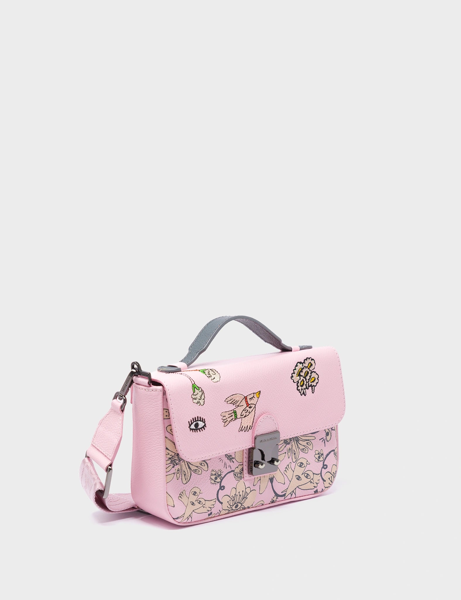 Amantis Parfait Pink Leather Crossbody Mini Handbag - Flowers Design