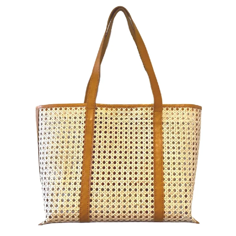 AMELIA CANE & LEATHER TOTE IN CAMEL: MEDIUM