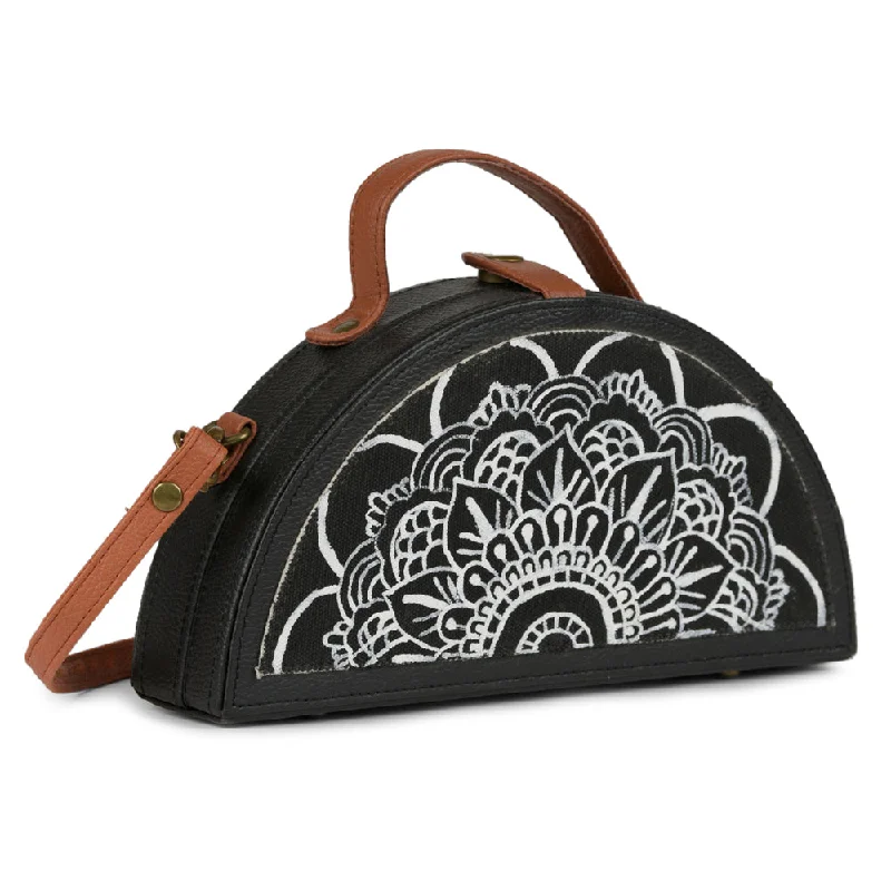 Black and White Mandala Hand-Painted Semi Circle Clutch Bag for women