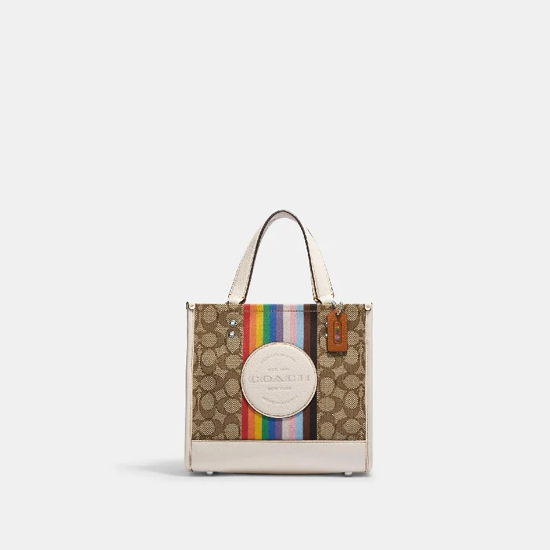 Coach Outlet Dempsey Tote 22 In Signature Jacquard With Rainbow Stripe And Coach Patch