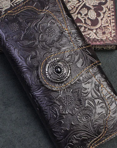 Handmade Long Leather Wallet Bifold Button Carved Floral Leather Clutch Wallet For Men Women