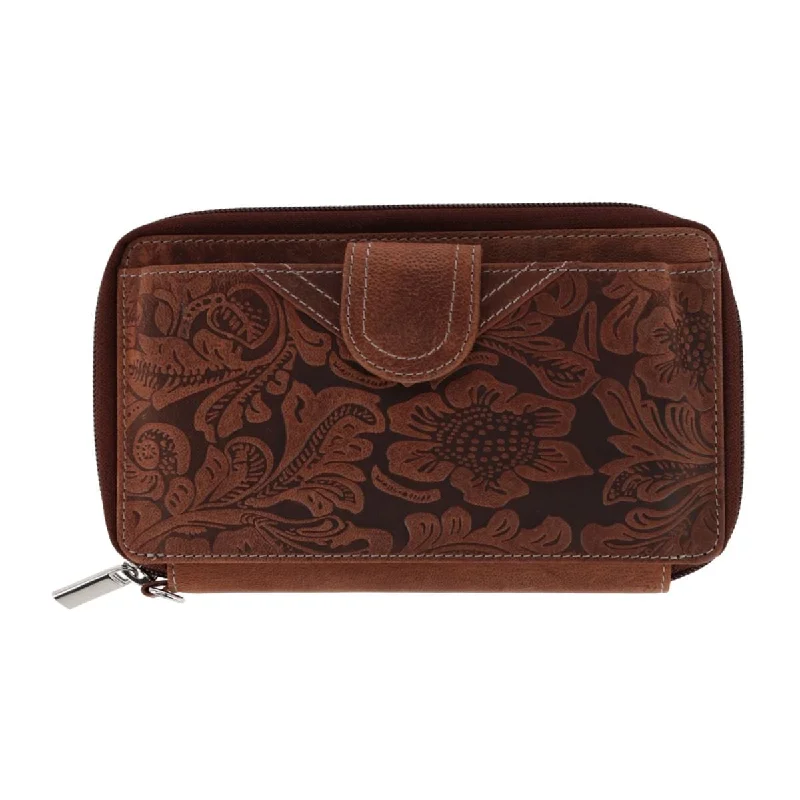 CTM® Women's Embossed Floral Tooled Leather Wristlet