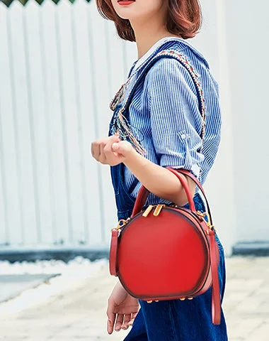 Cute Womens Red Leather Round Handbag Crossbody Purses Round Red Shoulder Bag for Women