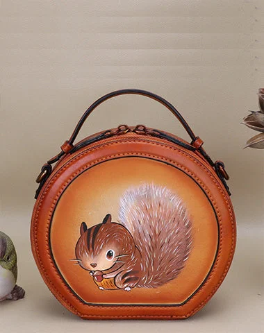 Cutest Women Brown Leather Round Handbag sSquirrel Crossbody Purse Vintage Round Shoulder Bags for Women