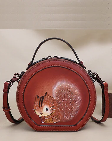 Cutest Women Coffee Leather Round Handbag sSquirrel Crossbody Purse Vintage Round Shoulder Bags for Women