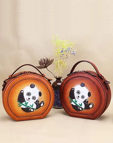 Cutest Womens Leather Round Handbag Panda Crossbody Purse Vintage Round Shoulder Bags for Women