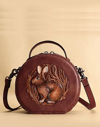 Cutest Womens Coffee Leather Round Handbag Bunny Crossbody Purse Vintage Round Shoulder Bags for Women