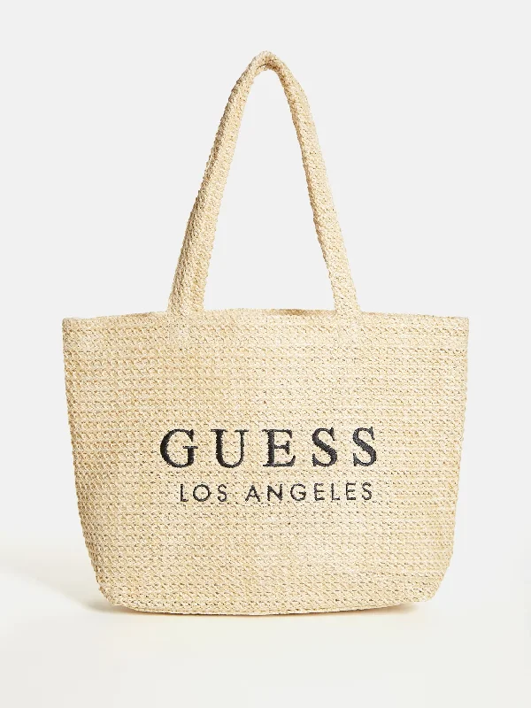 Embroidered Logo Woven Straw Tote