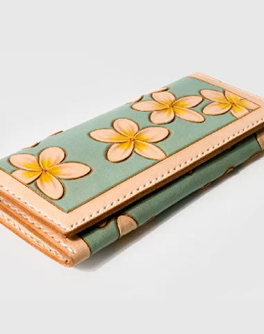 Handmade leather long clutch purse wallet floral cute wallet for women