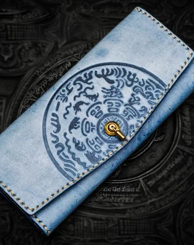 Handmade Leather Tooled Blue Women Envelope Vintage Leather Wallet Long Phone Clutch Wallets for Women