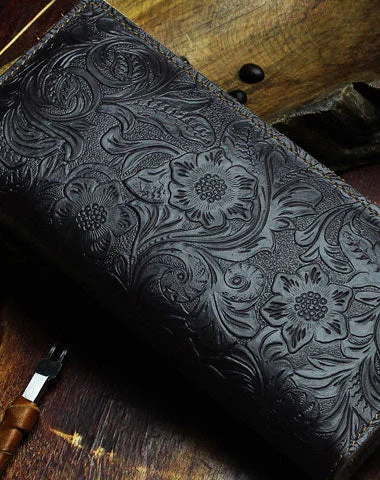 Handmade Long Leather Wallet Bifold Floral Leather Clutch Wallet For Men Women