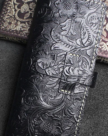 Handmade long leather wallet floral leather clutch wallet for women men zip