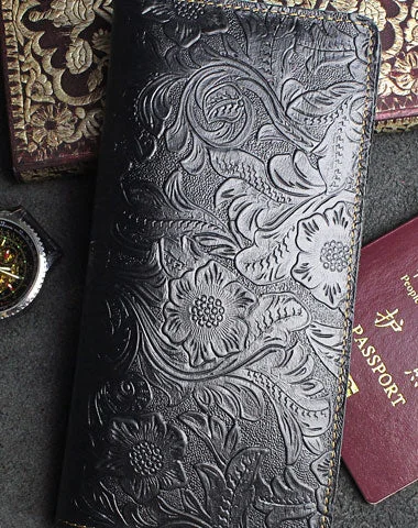 Handmade long leather wallet floral passport leather clutch wallet for women men zip