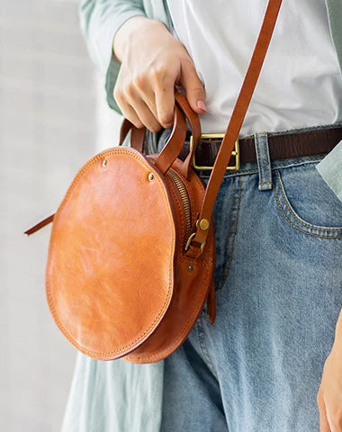 Handmade Womens Tan Leather Round Handbag Purses Tan Round Shoulder Bag Crossbody Purse for Women