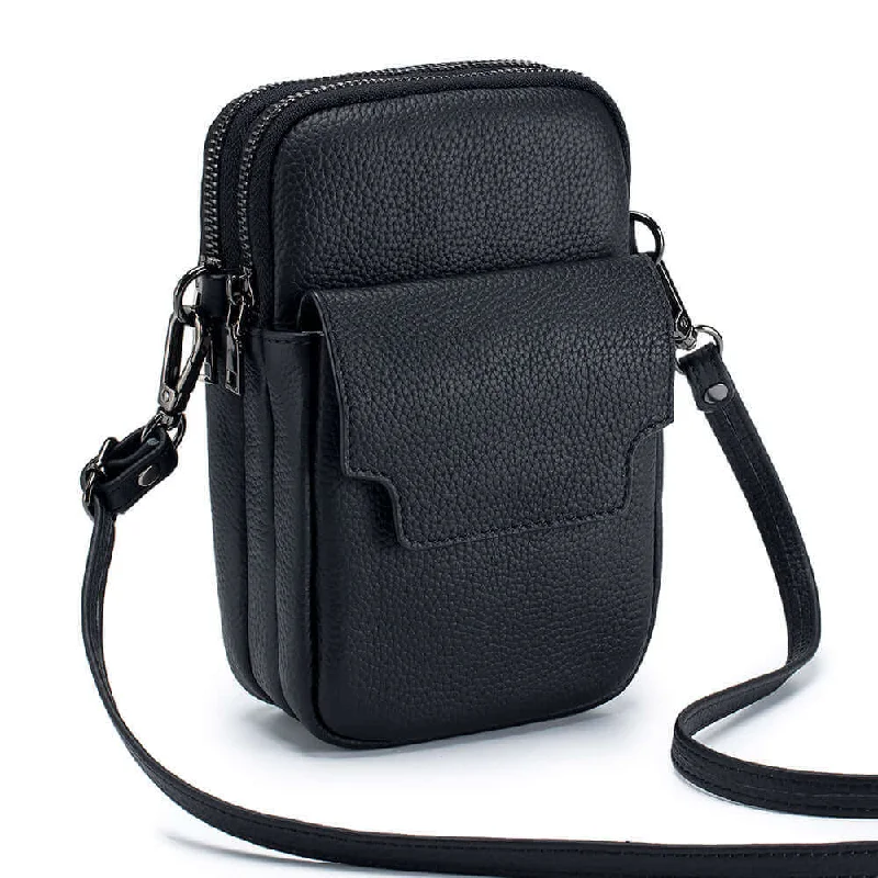 Leather Vertical Double Zipper Small Phone Crossbody Bag