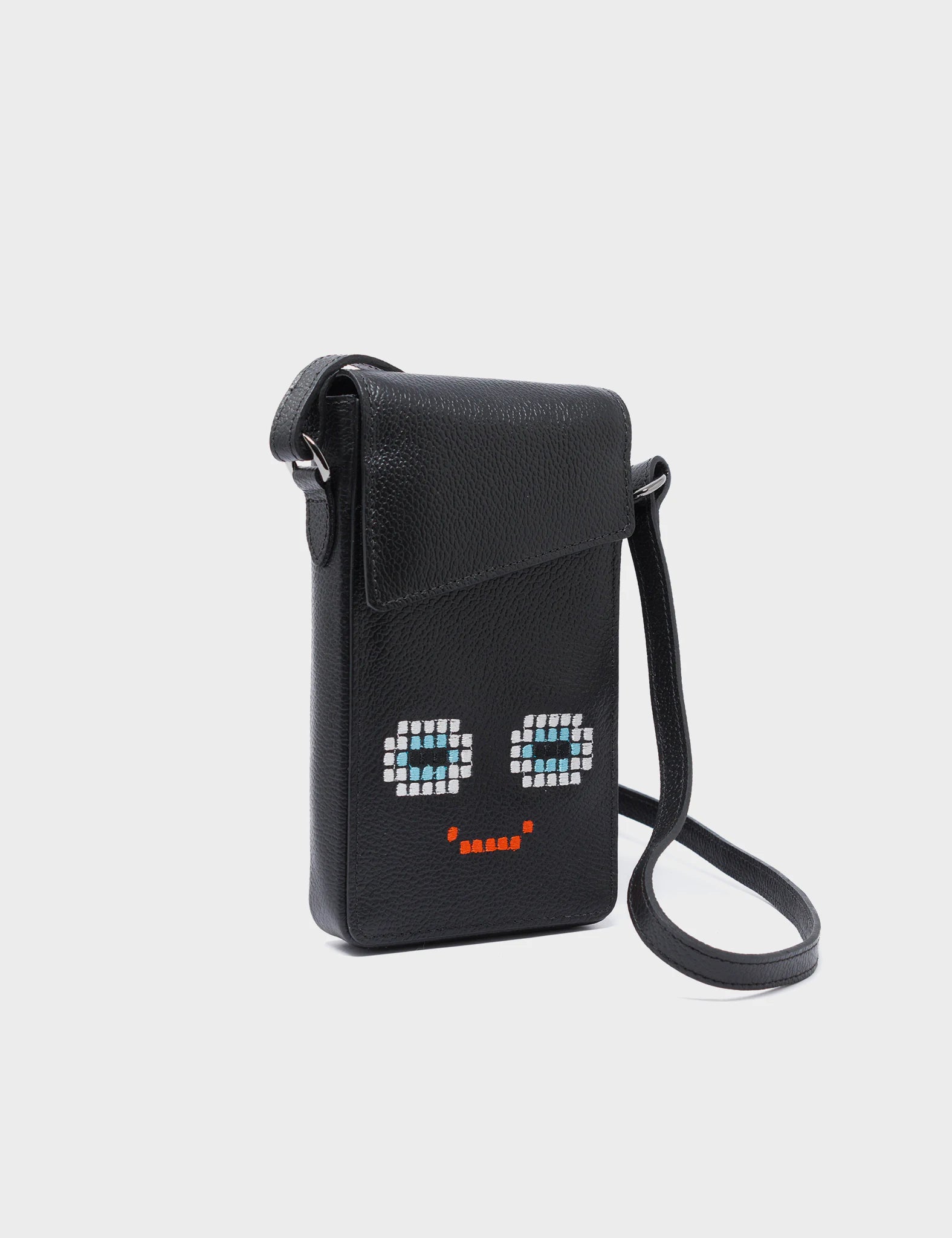 Max Black Cellphone Crossbody Pouch - Happy Face Embroidery