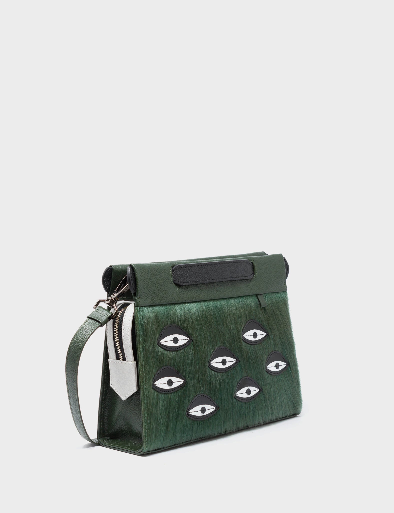 Vali Crossbody Small Green And Black Leather Bag - Eyes Applique Adjustable Handle