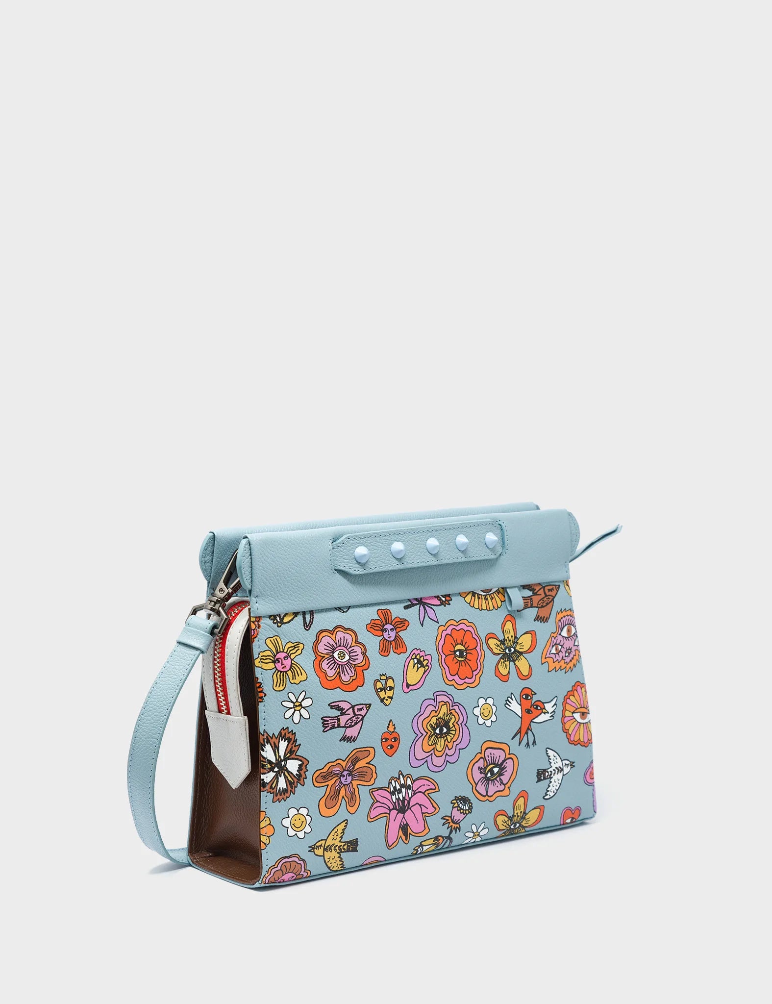 Vali Small Crossbody Sterling Blue and Brown Leather Bag - Vintage Bloom Print