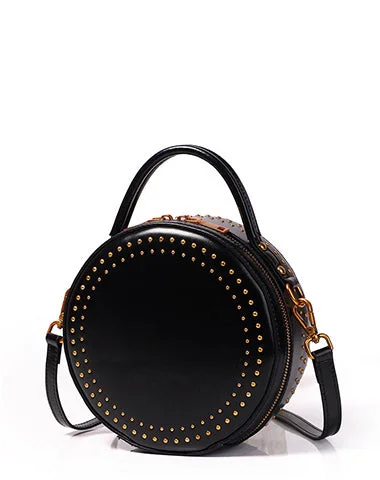 Womens Black Leather Round Handbag with Rivet Crossbody Purse Black Round Shoulder Bag for Women