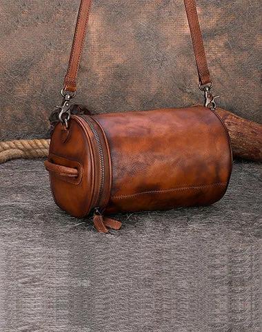 Womens Brown Leather Barrel Shoulder Bag Purse Vintage Round Handbag Bucket Crossbody Purse for Women