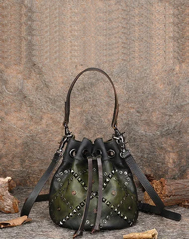 Womens Green Leather Barrel Handbag Purse Vintage Rivet Round Shoulder Bag Bucket Crossbody Handbag for Women