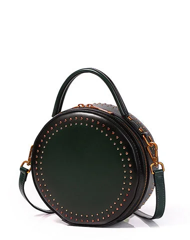 Womens Green Leather Round Handbag with Rivet Crossbody Purse Green Round Shoulder Bag for Women