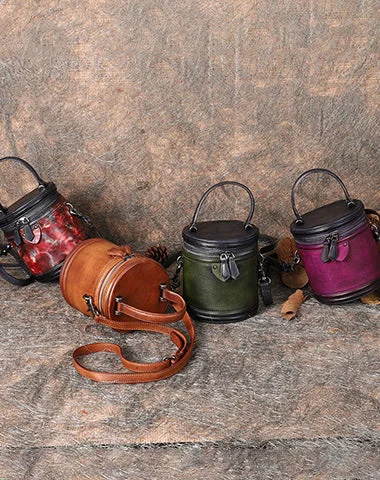 Womens Leather Barrel Handbag Purses Vintage Handmade Round Shoulder Bag Bucket Crossbody Handbag for Women