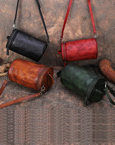 Womens Leather Barrel Shoulder Bag Purse Vintage Round Handbag Bucket Crossbody Purse for Women