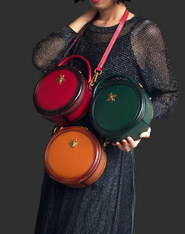 Womens Leather Small Round Handbag Crossbody Purse Round Shoulder Bag for Women