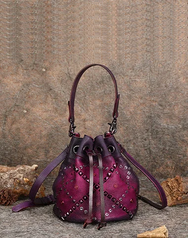 Womens Purple Leather Barrel Handbag Purse Vintage Rivet Round Shoulder Bag Bucket Crossbody Handbag for Women