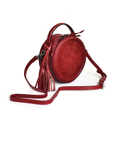 Womens Red Leather Round Crossbody Bag Crocodile Pattern Vintage Round Handbag Shoulder Bag for Women