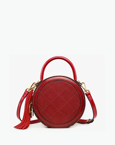 Womens Red Leather Round Handbag Small Crossbody Purse Round Shoulder Bag for Women